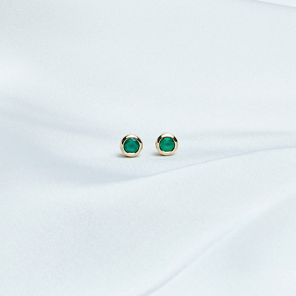 Tiny Green Agate Stud Earrings in Solid Gold on a white background