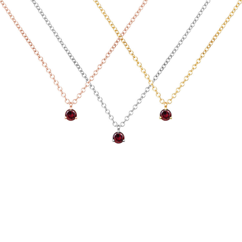 all three options of the Round Garnet Solitaire Necklace in Solid Gold
