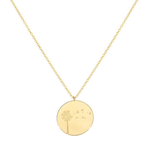 Yellow Gold Disc Pendant Necklace with an Engraved Dandelion