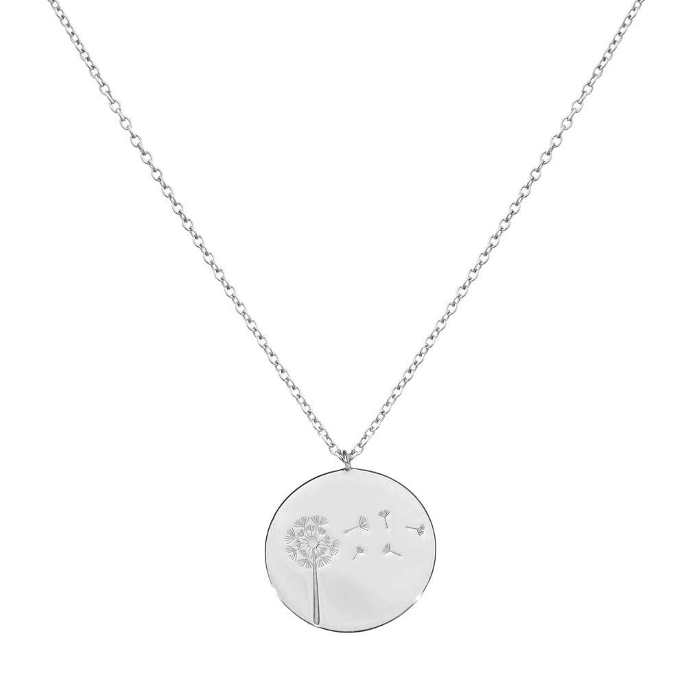 White Gold Disc Pendant Necklace with an Engraved Dandelion