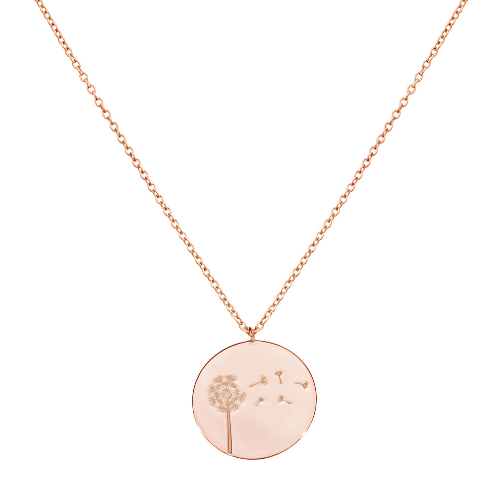 Rose Gold Disc Pendant Necklace with an Engraved Dandelion