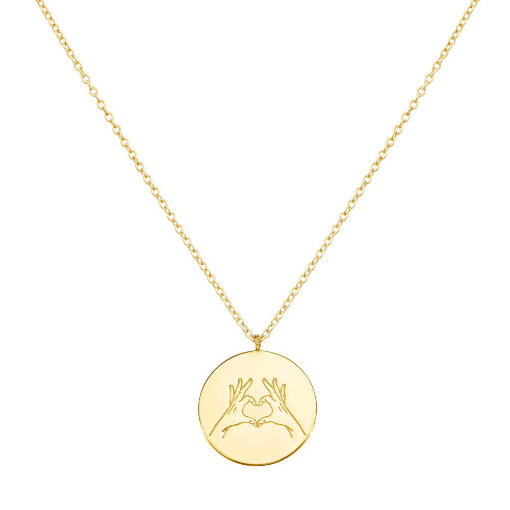Hand Gesture Heart Pendant Necklace in yellow Gold
