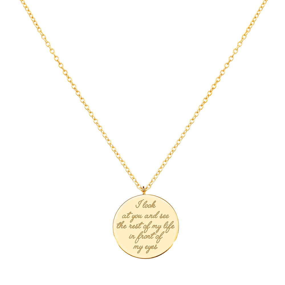 Engraved Hand Gesture Charm Necklace in yellow Gold with a custom text