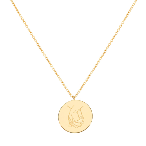 Circle Pendant Necklace with Holding Hands in yellow Gold