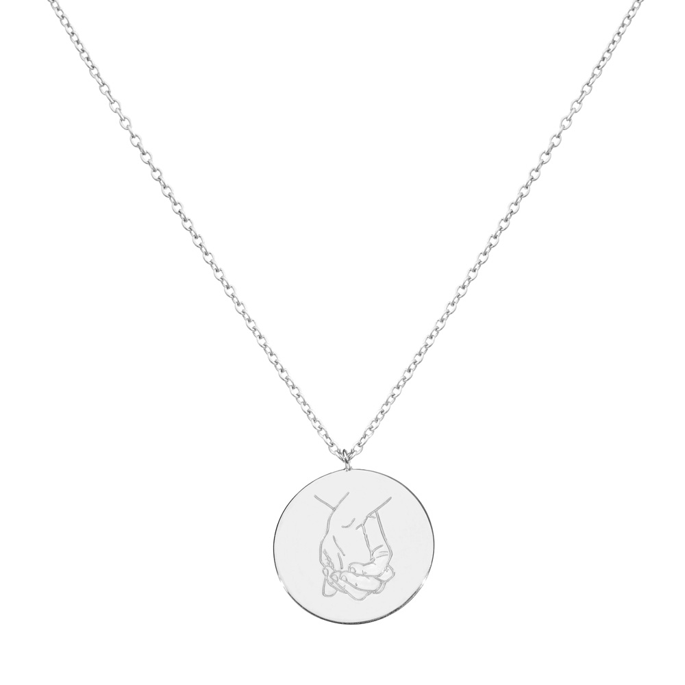 Circle Pendant Necklace with Holding Hands in white Gold