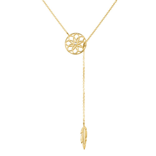 A Dreamcatcher Lariat Style Necklace in yellow gold on a white background