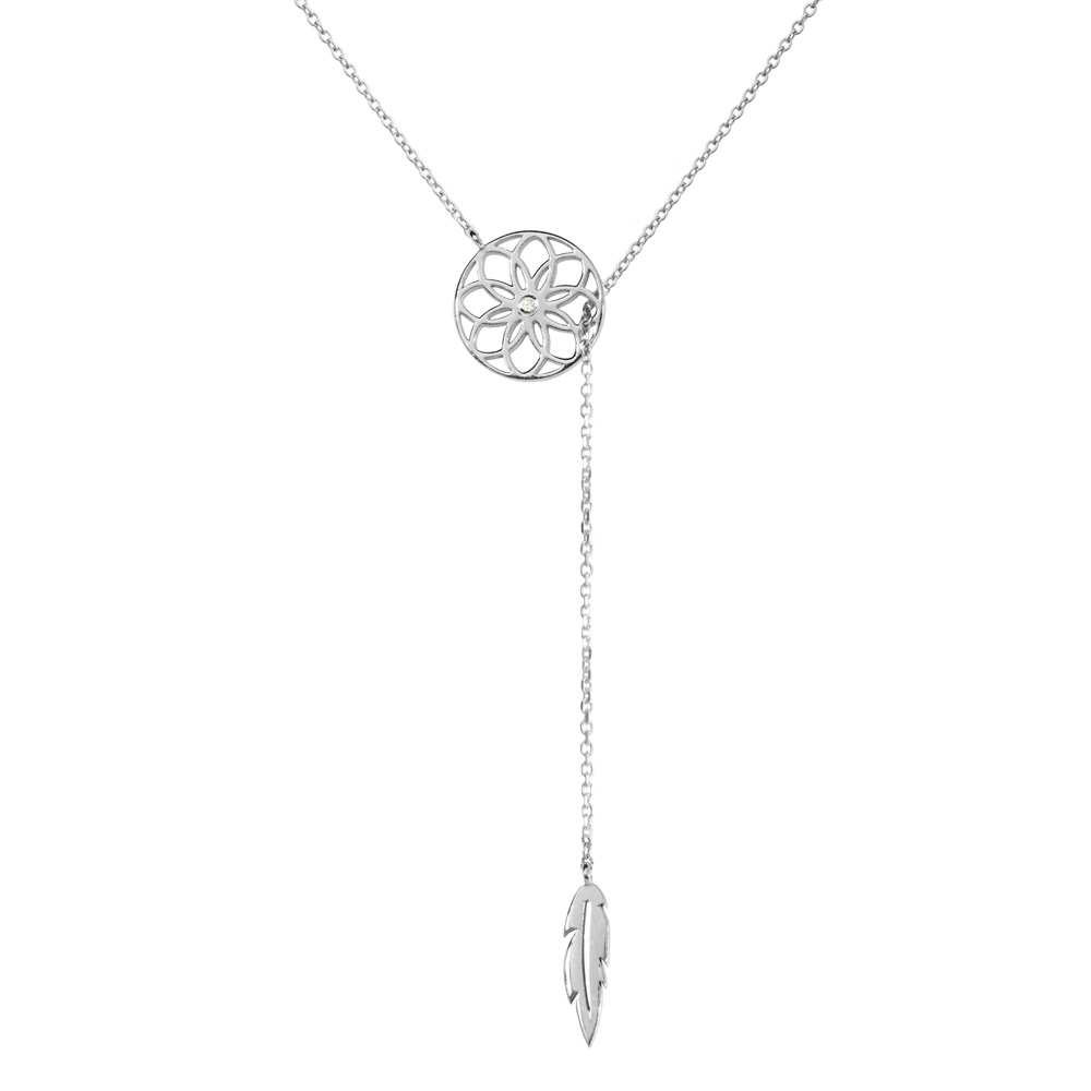 A Dreamcatcher Lariat Style Necklace in white gold on a white background