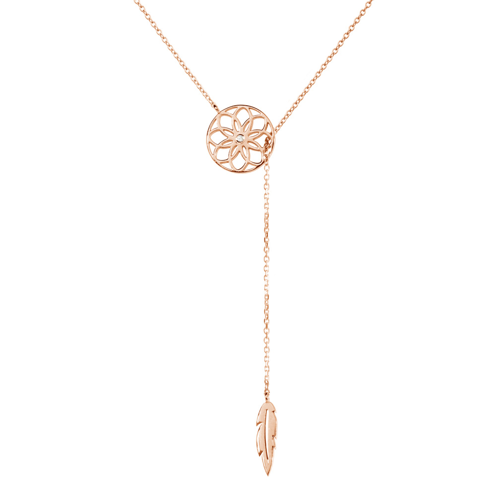 A Dreamcatcher Lariat Style Necklace in rose gold on a white background