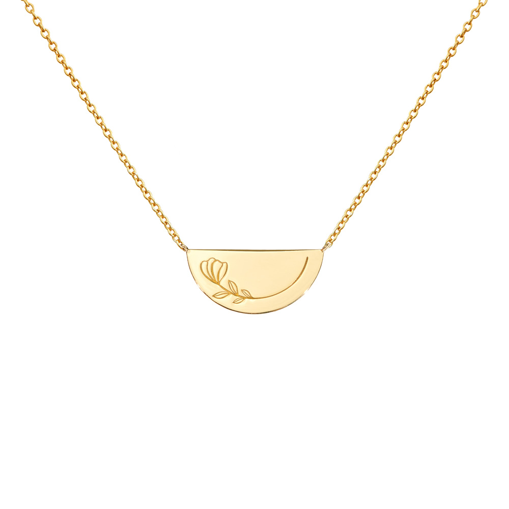 Half Circle Necklace with Flower and Message in yellow Gold
