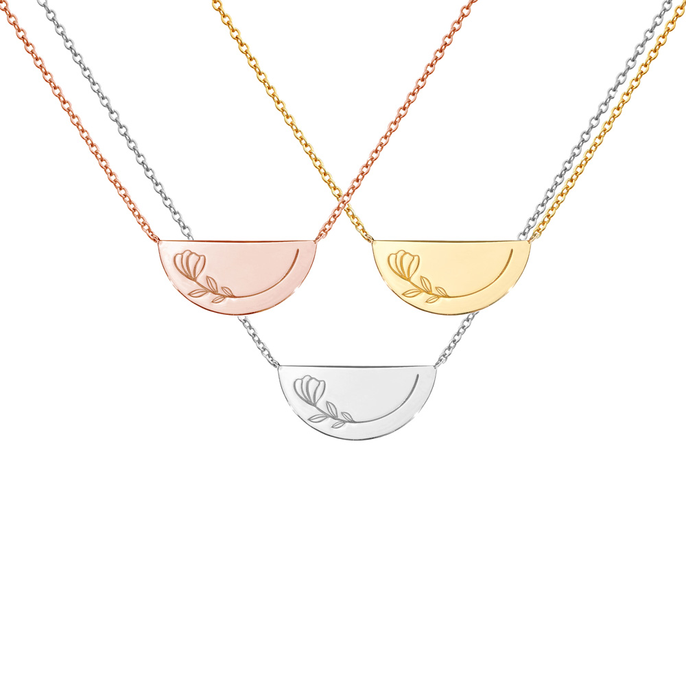 All three options of the Half Circle Necklace with Flower and Message in Solid Gold