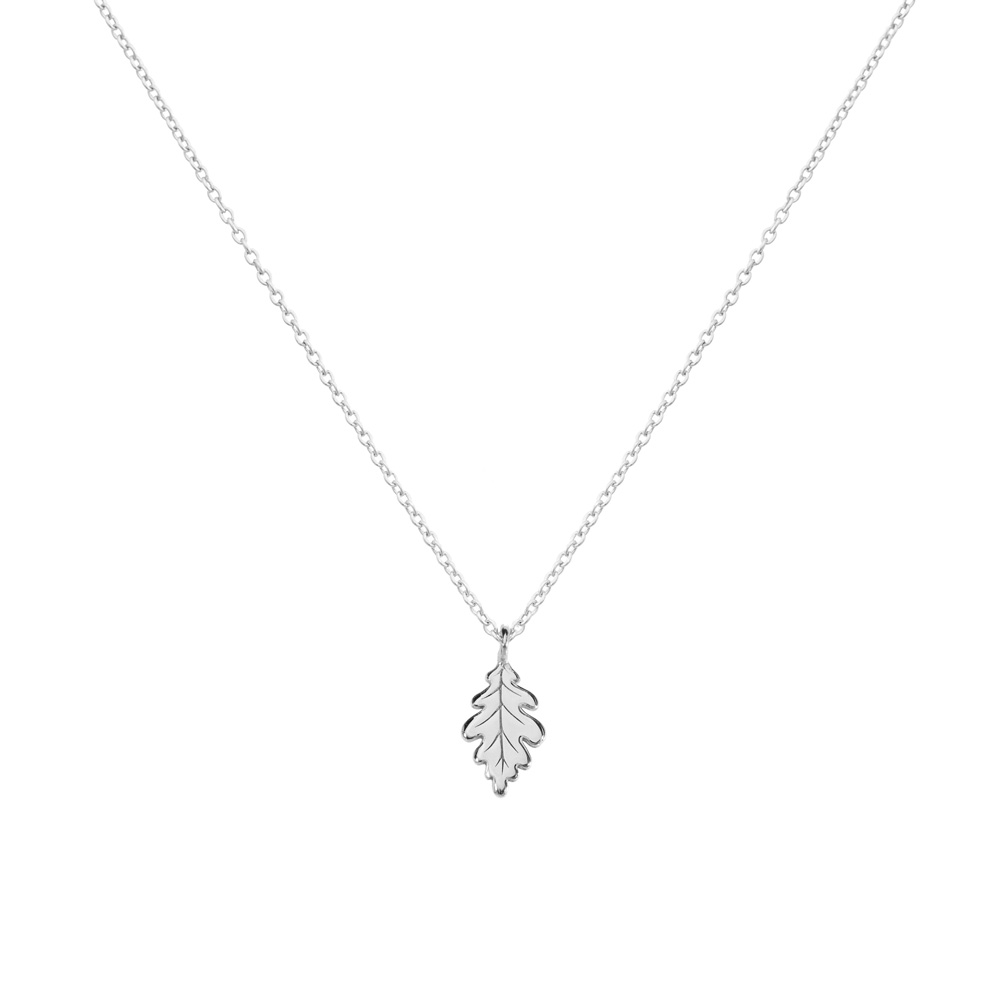 Tiny Oak Leaf Pendant Necklace in White Gold