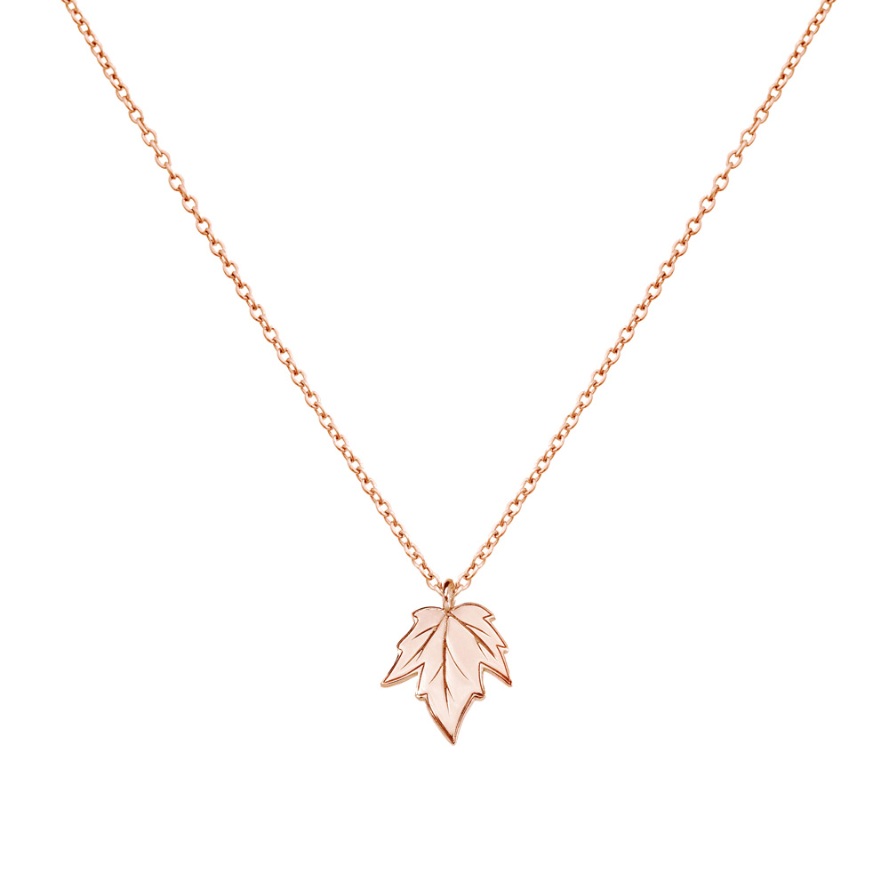 Small Maple Leaf Charm Necklace in rose Gold on a white background