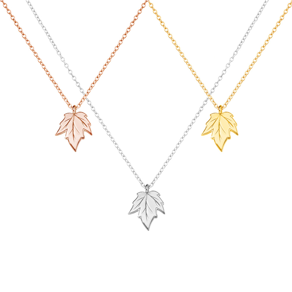 All Three Options of the Small Maple Leaf Charm Necklace in Solid Gold