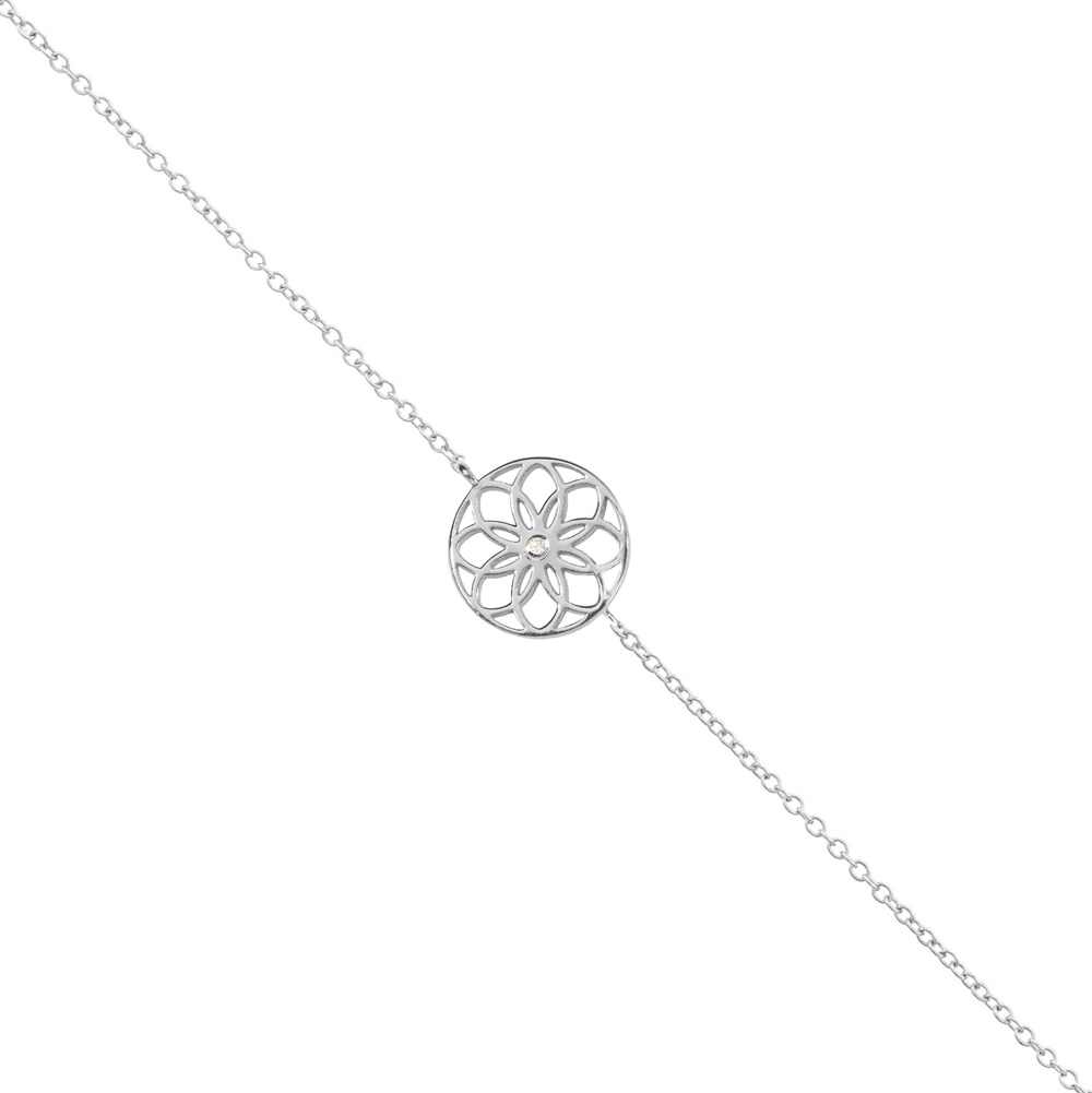 A Dreamcatcher Charm Bracelet with a White Natural Diamond in white gold on a white background