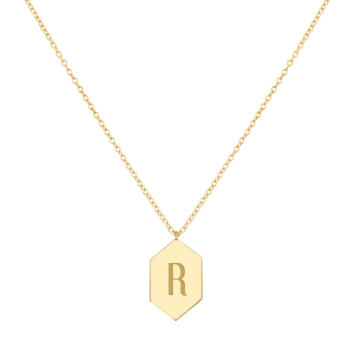 A Hexagon Pendant necklace with an Engraved Monogram in yellow Gold displayed on a white background