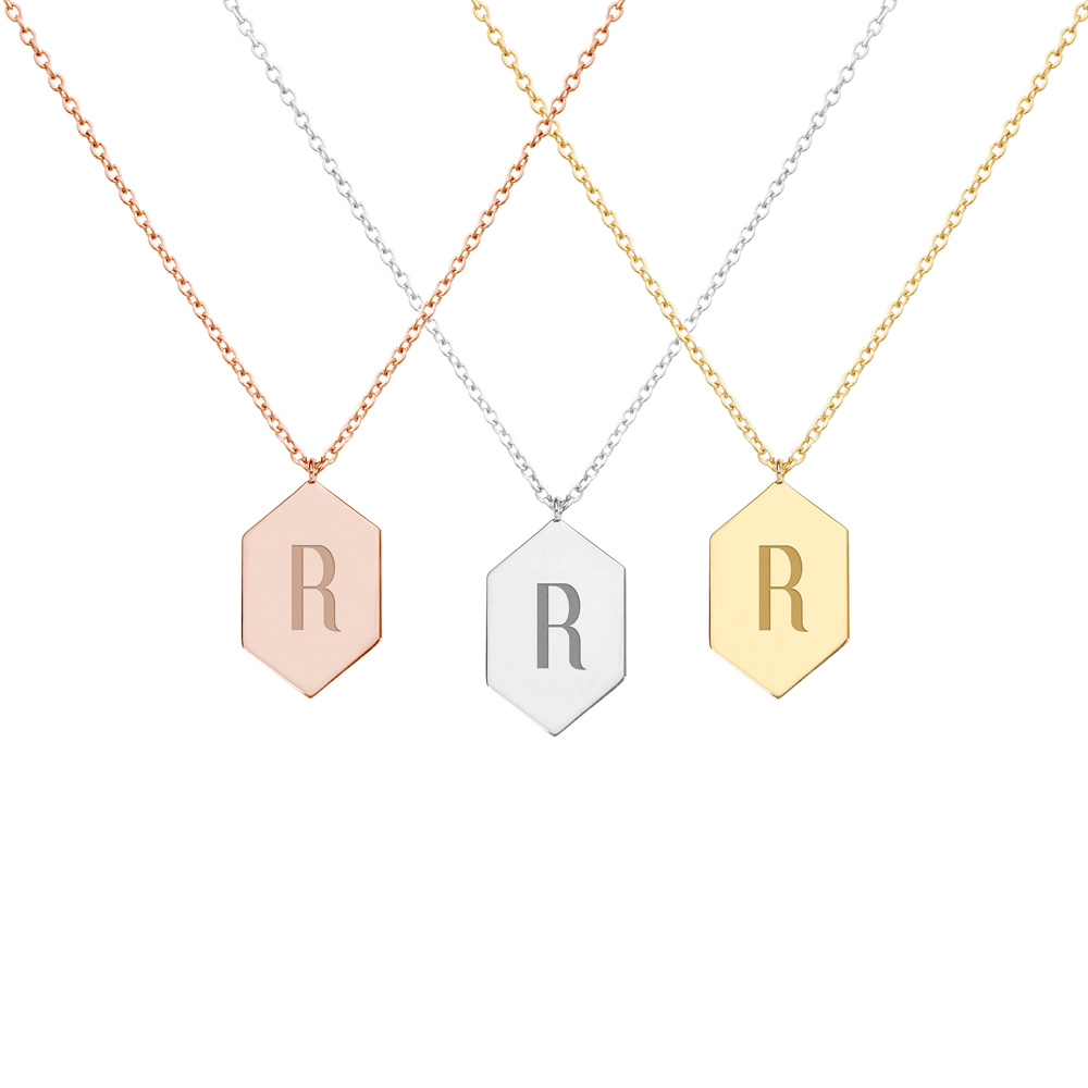 All three colour options of the Sollid gold Hexagon Pendant Necklace with an Engraved Monogram displayed on a white background