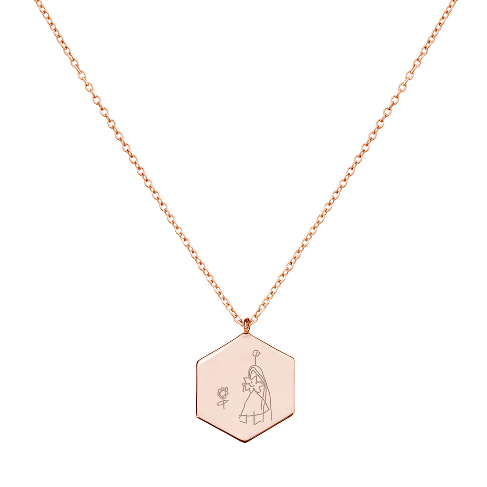 an Engraved, hexagon shaped Child's Drawing pendant Necklace in rose Gold