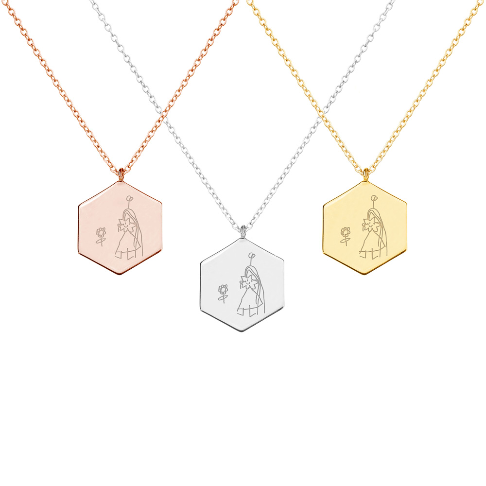 all three colour options of the Engraved, hexagon shaped Child's Drawing pendant Necklace in solid Gold displayed on a white background